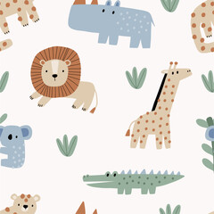 Cute African Safari animals flat style. Childish rhinoceros, giraffe, leopard, crocodile, koala. Kids vector illustrations isolated on white background © NadezdaBarkova