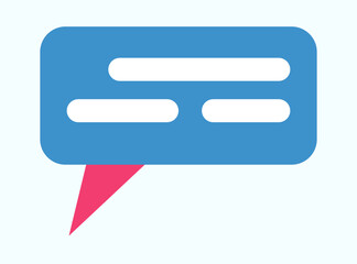 A blue speech bubble icon featuring white lines along with a pink arrow