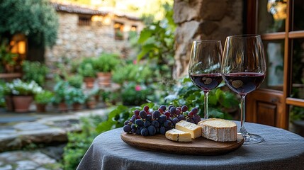 Red wine and cheese board featuring grapes and cheese in a rustic outdoor setting, perfect for relaxing and tasting