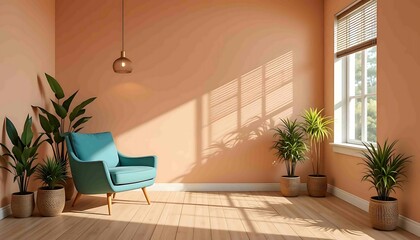 Home interior with an green armchair on empty orange wall background,Minimal room- 3D rendering