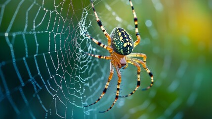 A close-up view of a colorful spider in its intricate web. Nature showcases its beauty and complexity through this elegant creature. Explore the fascinating world of arachnids. Generative AI