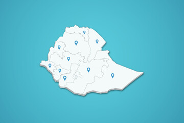 Ethiopia 3D map illustration with province map pin on isolated background