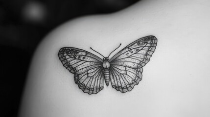 Elegantly poised butterfly against a stark white backdrop; its symmetrical wings exude delicate patterns of intricate lines and curves, captured in stunning black and white detail. Facing left