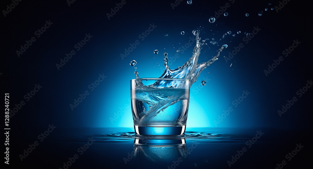 Aufkleber a clear glass of water with dynamic splash against a dark blue background, creating motion and fresh