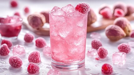 Pink Raspberry Iced Drink on White Surface