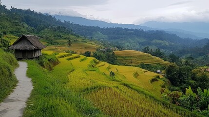 Obraz premium Serene rice terraces with a traditional house under a cloudy sky in a rural landscape