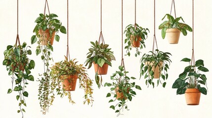 Collection of Hanging Plants in Terracotta Pots