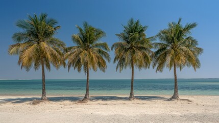 Four Palm Trees on Beach, Calm Sea, Sunny Day, Travel Brochure
