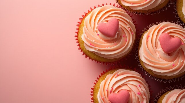 Delicious cupcakes adorned with pink icing and heart-shaped topp