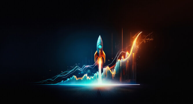 Vibrant rocket launches upwards with glowing graphs, depicting growth and progress against a dark background, symbolizing ambition and future success.