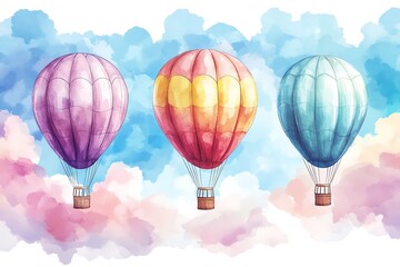 Colorful Hot Air Balloons Watercolor Illustration Floating in Cloudy Sky