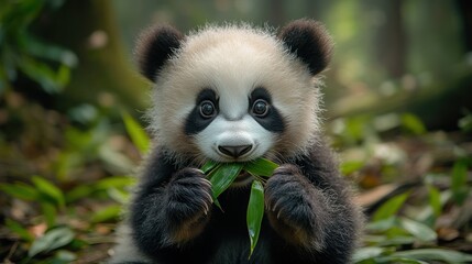 Fototapeta premium Adorable baby panda eating bamboo in forest