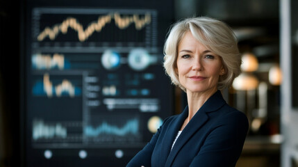 Confident businesswoman leads financial strategy discussion in a modern office setting