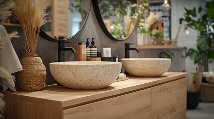 Modern bathroom sink with natural elements, interior design, spa-like ambiance