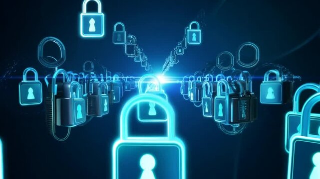 Digital locks represent the concept of cybersecurity in a futuristic environment with glowing effects and multiple layers
