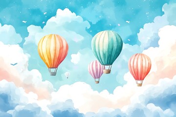 Obraz premium Watercolor Hot Air Balloons Floating Gently in a Cloudy Sky