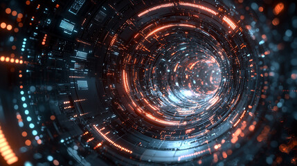 A dynamic visual tunnel filled with vibrant lights and intricate patterns, creating a sense of depth and movement.