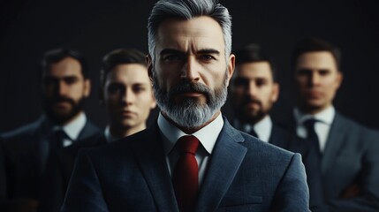 Confident leader with team, dark background, business success