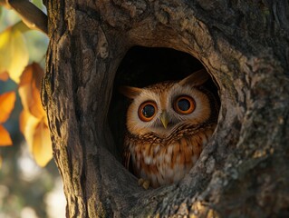 Owl peeking out of a tree hole 