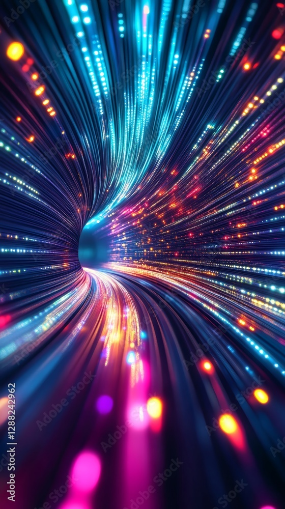 Poster Vibrant light trails in a tunnel with neon colors creating a dynamic and futuristic scene. Digital technology and innovation concept