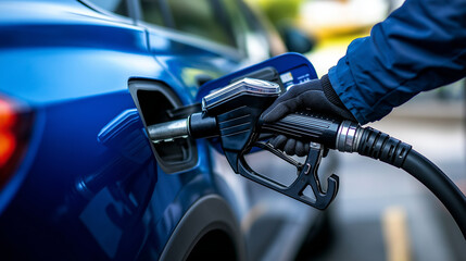 A gloved hand grips a black diesel fuel nozzle, filling a blue SUVâs tank. The digital pump screen reflects transaction details as the car prepares for the road. Efficient, dependa