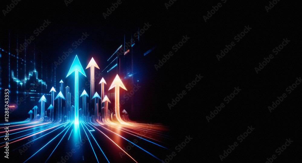 Poster Bright glowing arrows point upwards on a dark backdrop with abstract chart elements, symbolizing growth and forward movement in a digital space.