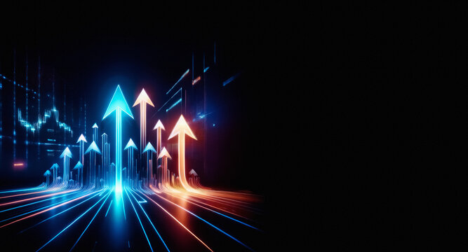 Bright glowing arrows point upwards on a dark backdrop with abstract chart elements, symbolizing growth and forward movement in a digital space.