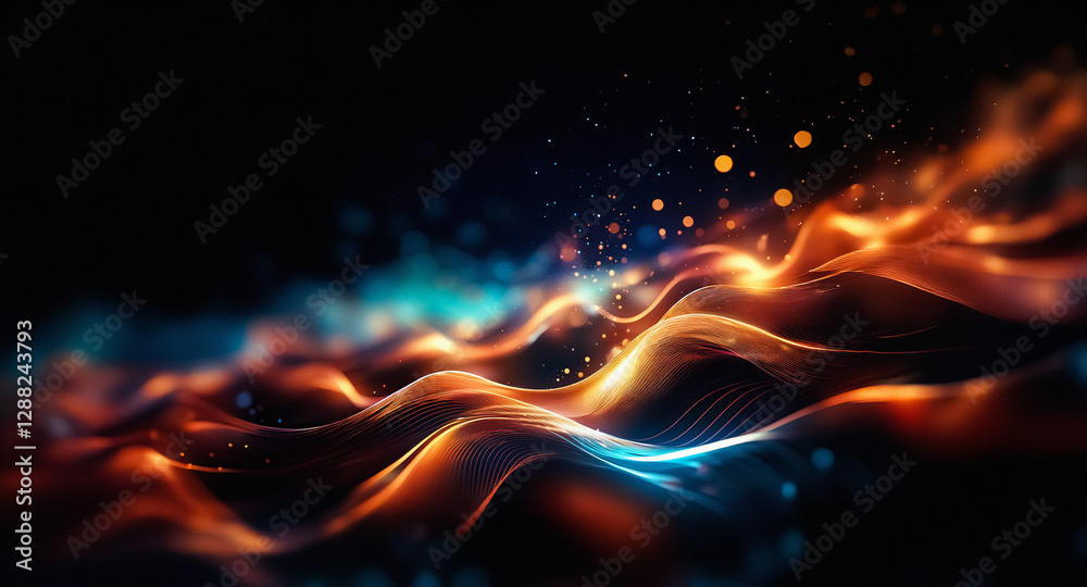 Fototapete abstract waves of light flow in orange and blue against a dark background, creating a dynamic and en