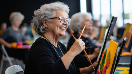 A vibrant art class for senior women, where each participant creates unique paintings while enjoying warm conversations and encouragement from friends.