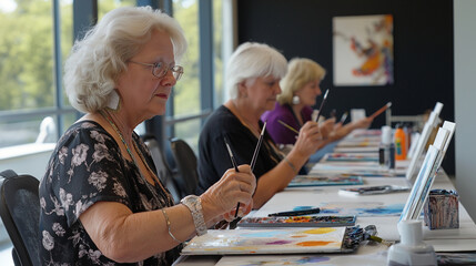 A cheerful art class for senior women, where each participant explores different painting styles. The studio is a peaceful retreat, fostering creativity and lifelong learning.
