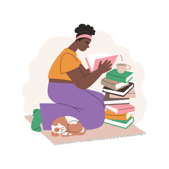 Dark Skinned Woman Reading a Book with Interest. Flat Vector Illustration with Books, Tea Cup, and Cat. Vector illustration isolated on white background.