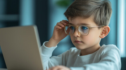 A close-up of a young boy adjusting his glasses while staring at a laptop screen, participating in an immersive online lesson in a high-tech classroom.