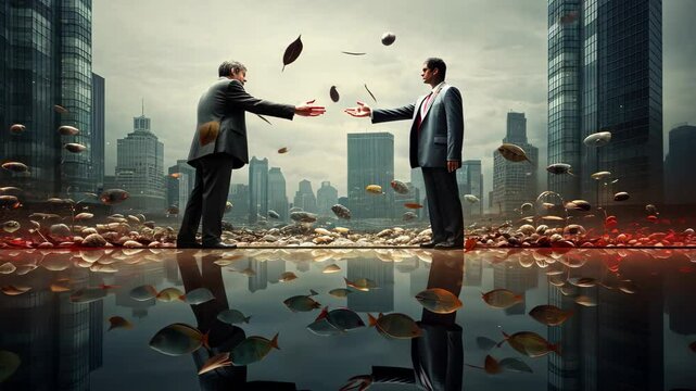 Conceptual visualization of two business leaders engaging in a merger and acquisition negotiation amidst a modern cityscape, with a reflective ground highlighting their pivotal decision-making