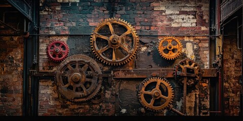 Fototapeta premium A dramatic shot of an industrial loft with vintage gears and exposed brick walls