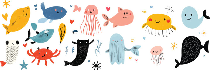 
A delightful, simple clip art-style illustration of sea animals including a cute crab, a joyful fish, and a graceful jellyfish, each in soft pastel hues.