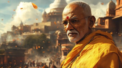 Serene Elder with Saffron Robe in a Historical Indian Landscape Surrounded by Temple Architecture