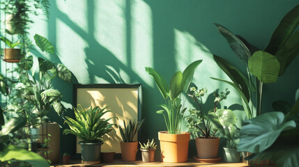 Obraz premium Vibrant indoor garden with various plants and shadows in a sunlit room