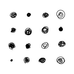 Scribble doodle circle and point. Collection black shapes dots and drops. Set of hand drawn doodle circles in a grunge style. Vector illustration for bullet journal. Isolated white background.