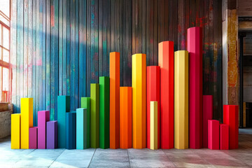 Obraz premium Vibrant 3D bar chart with colorful geometric columns against textured wooden wall