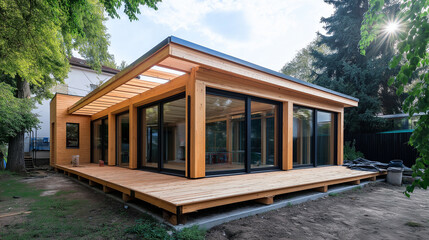 Fototapeta premium A partially built wooden house extension with an open framework of timber beams. Large glass windows and a planned terrace highlight a sustainable construction approach in progress