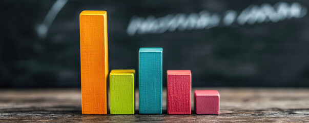Colorful Wooden Blocks Chart Showing Decreasing Trend on Dark Background