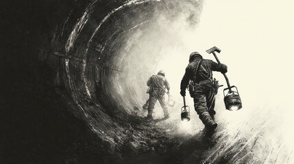 Underground Miners in Engraving Style, depicting coal miners wielding pickaxes and oil lanterns in a dark tunnel, illustrated in watercolor with a clean, white background.