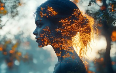 Silhouette of a Woman with Autumn Leaves Against a Dreamy Forest Background

