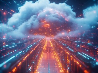 Obraz premium A digital cloud symbolizing modern technology connects data circuits with glowing lights, in the neon background.