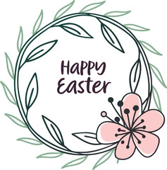 Beautiful vintage poster with flowers and leaves. Spring pink wreath of flowers. Wreath Happy Easter.