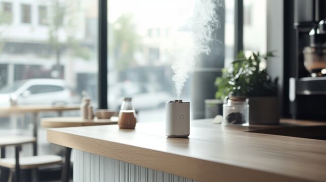 A person using a vaping device in a stylish minimalist café with natural light. Featuring relaxation and modern trends