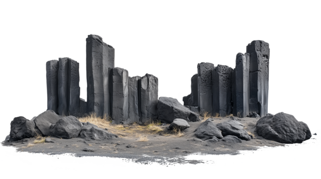 Basalt columns by the sea forming an isolated coastal formation on a white or transparent background