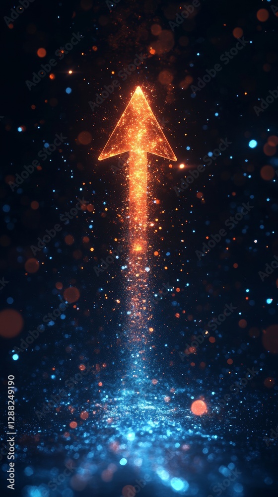 Aufkleber glowing orange arrow pointing upwards amid sparkling particles on dark background. futuristic techno