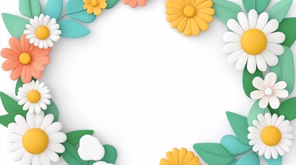 Fototapeta premium Floral frame, white background, 3D render, spring design, greeting card