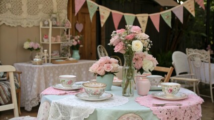 Elegant afternoon tea setting with delicate floral teacups, pastel cakes, and flower arrangements, perfect for lifestyle and celebration themes